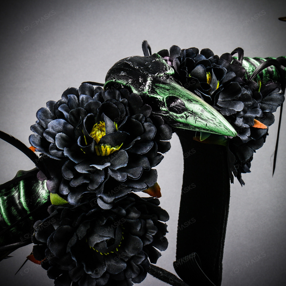 Gothic Demon Long Horn with Flower Head Piece - Black Green - Picture 5 of 6